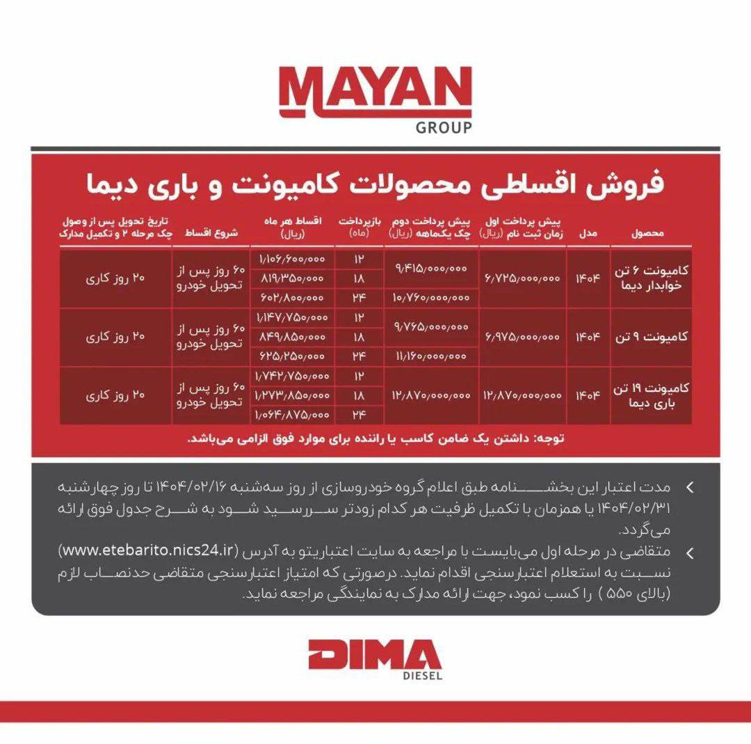اعلام بخشنامه فروش اقساطی انواع محصولات برند دیما