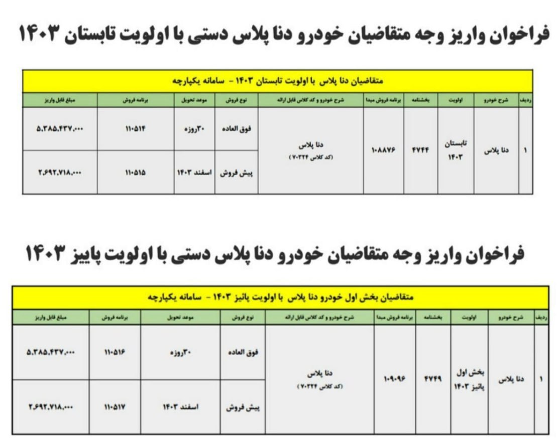 🔴فروش جدید دنا پلاس ایران خودرو ویژه  10 آبان 1403 اعلام شده