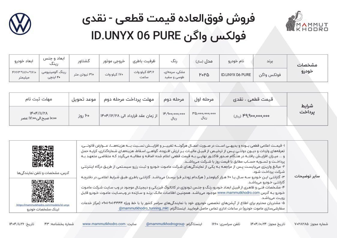 شرایط فروش فولکس واگن ID.UNYX پیور اعلام شد