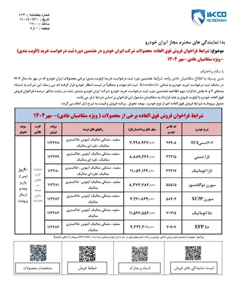 بخشنامه پیش فروش ، فروش‌ فوق العاده و فروش فوری ایران خودرو تا 28 مهر 1404
