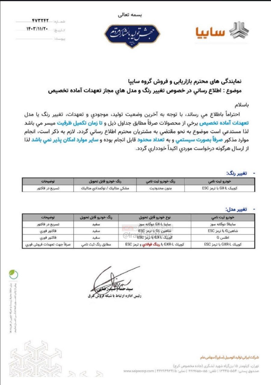 بخشنامه تغییر مدل مجاز محصولات سایپا بهمن 1403