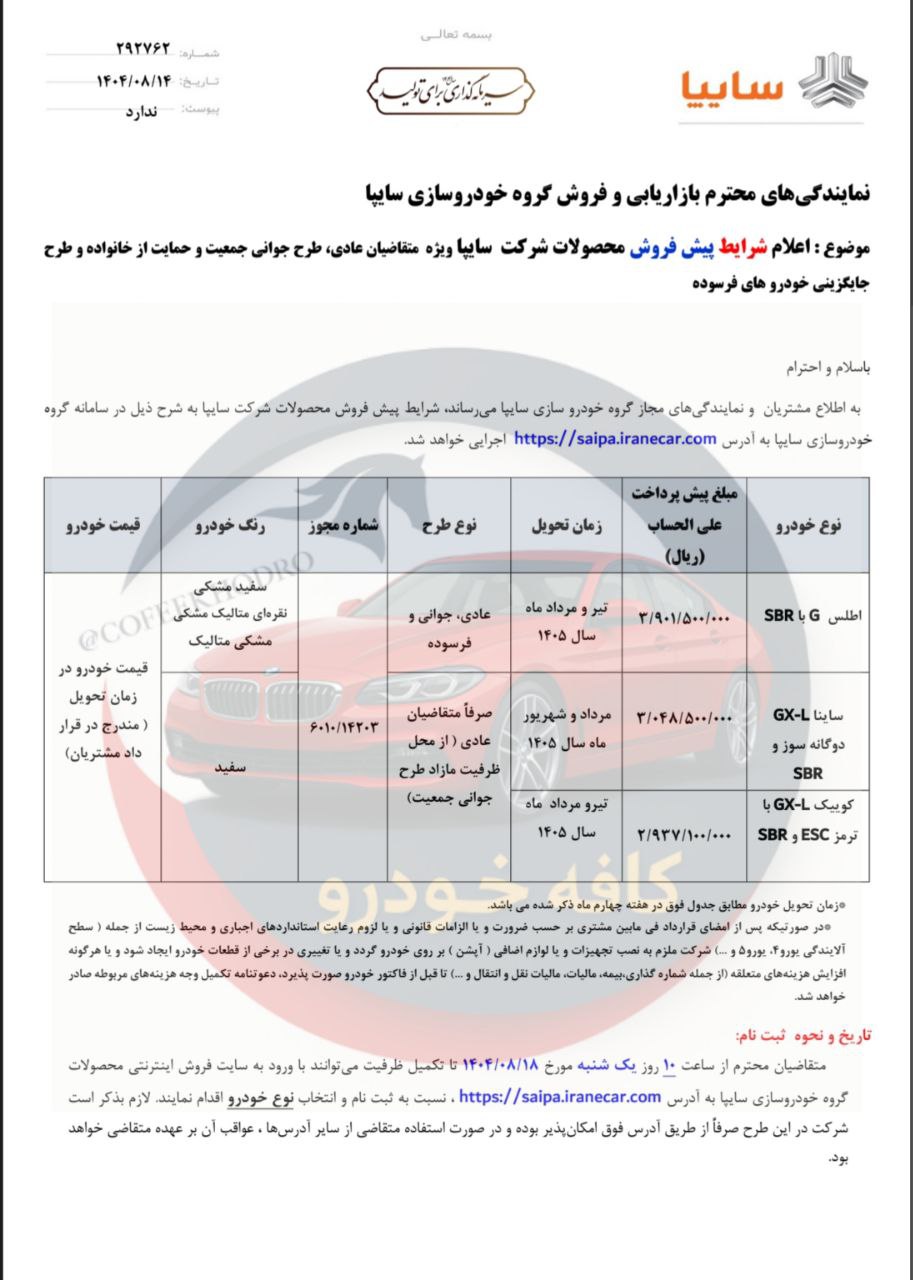 اعلام شرایط پیش فروش محصولات شرکت سایپا