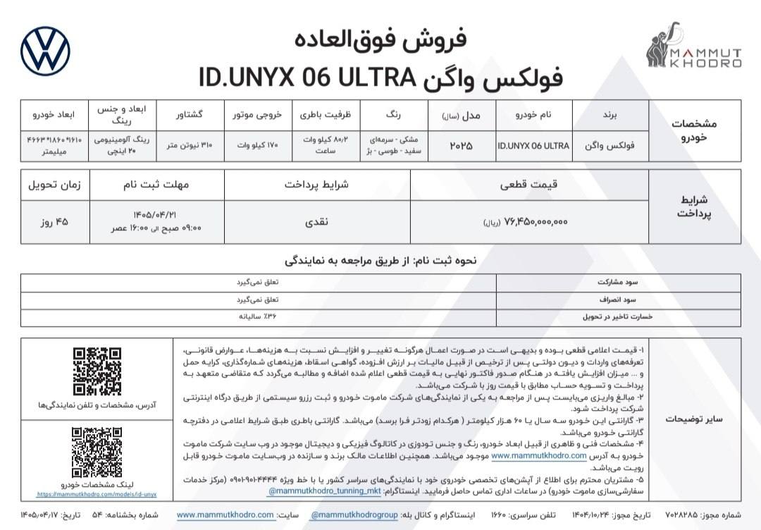 🔴اعلام شرایط فروش جدید فولکس واگن ID.UNYX نسخه اولترا مدل ۲۰۲۵ با موعد تحویل ۴۵ روزه