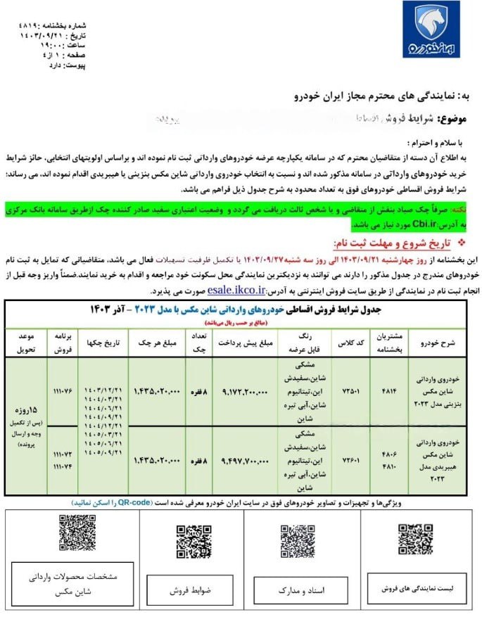 🔴شرایط قسطی محصول وارداتی ایران خودرو اعلام شد - 22 آذر 