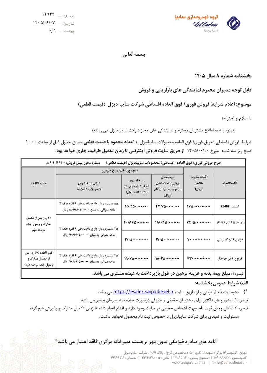 🔴 شرایط فروش فوری و فوق‌العاده نقدی و نقدی اقساطی محصولات سایپا دیزل قیمت قطعی با تخفیف