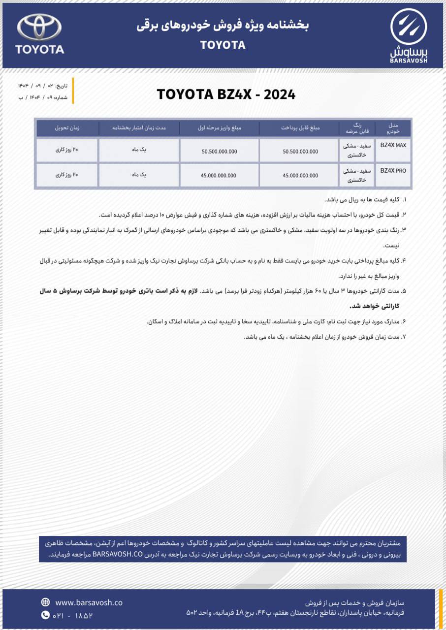 افزایش قیمت شدید برای خودروی تویوتا BZ۴X تیپ پرو 