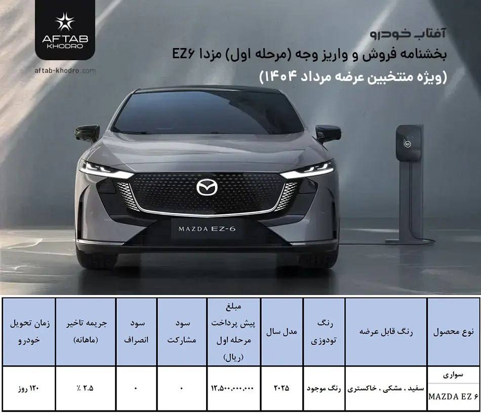 فراخوان واریز وجه و ثبت نام خودروی مزدا EZ6 آفتاب خودرو