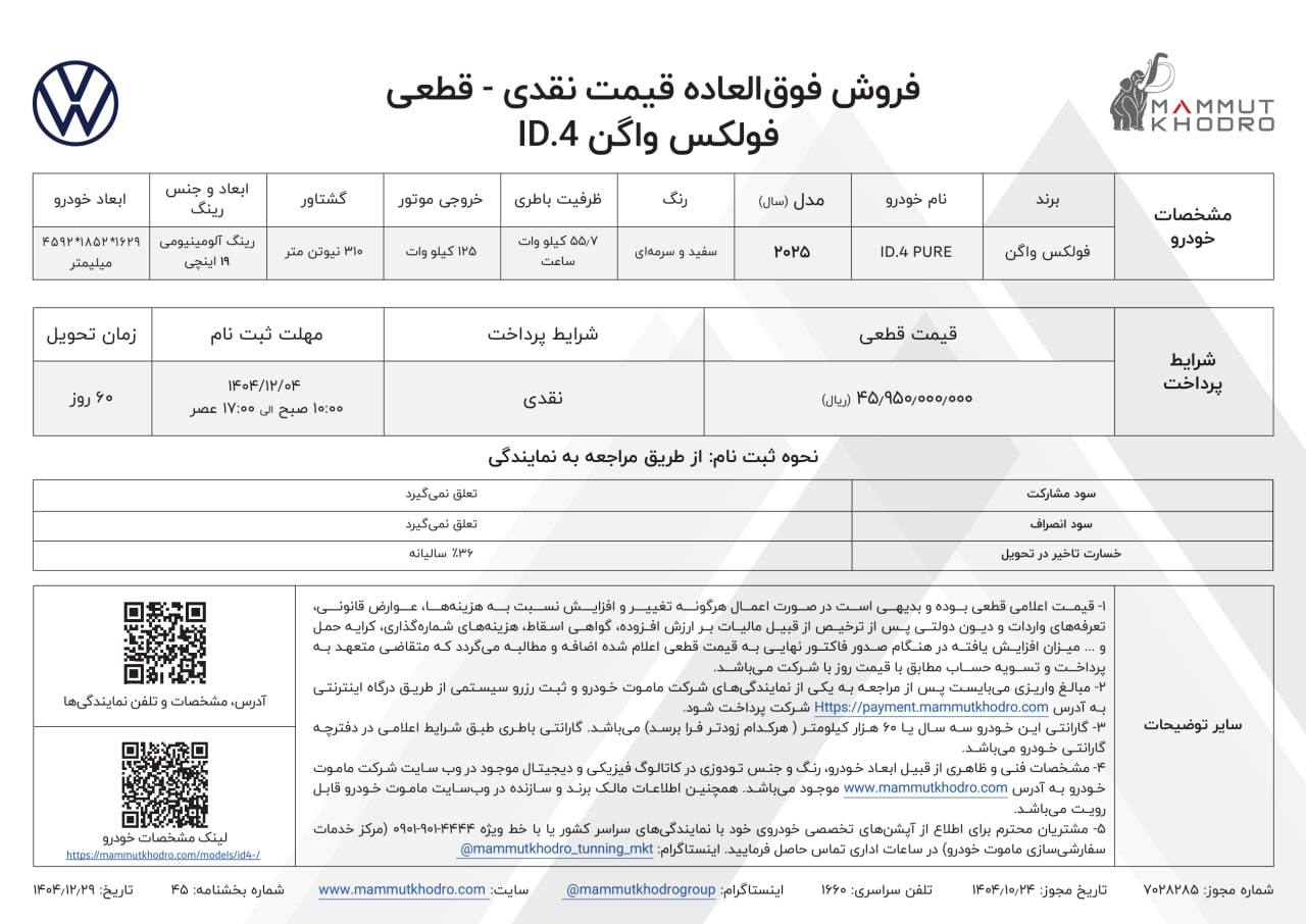 قیمت اعلام بخشنامه جدید فروش نقدی با قیمت قطعی فولکس واگن ID۴ 