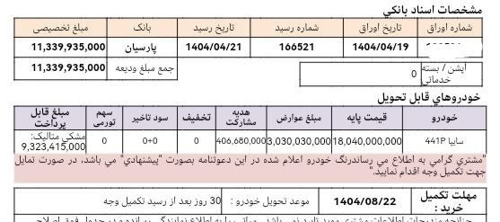 دعوتنامه سایپا 441P با موعد تحویل آذرماه  1404 ارسال گردید