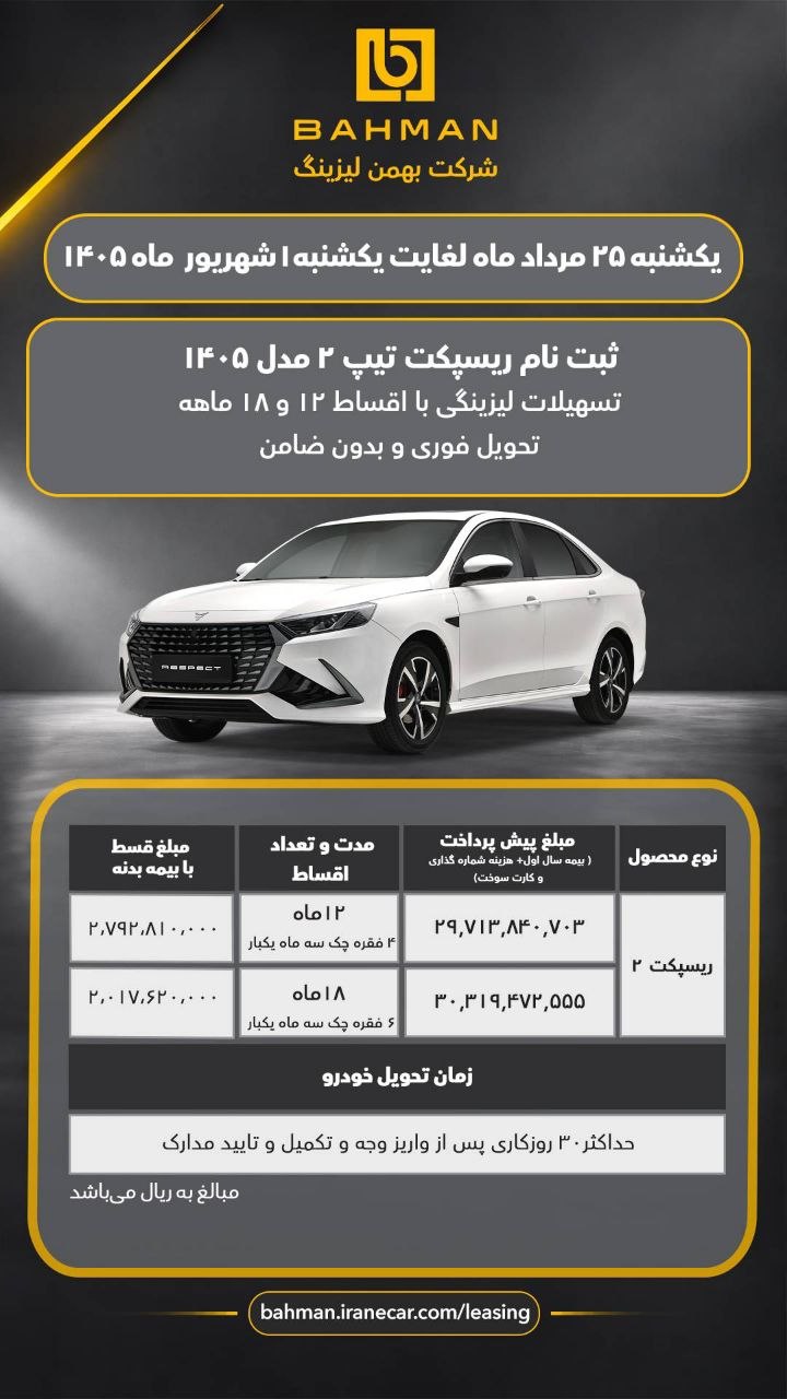 🔴فروش اقساطی فیدلیتی و ریسپکت توسط بهمن لیزینگ