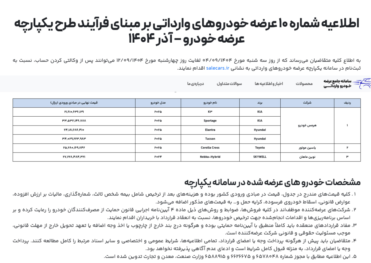 دهمین شرایط فروش خودروهای وارداتی اعلام شد
