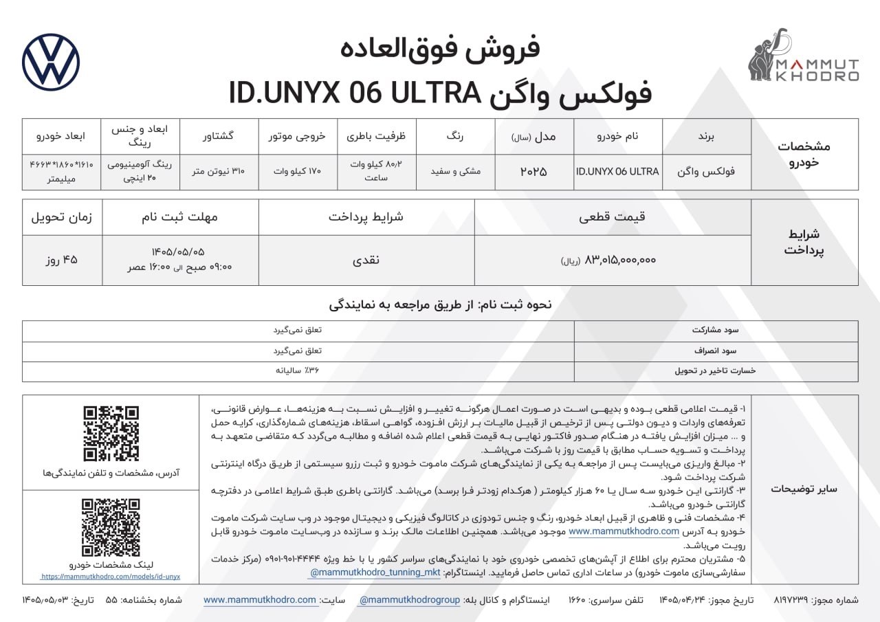 🛑 اعلام شرایط  فروش نقدی فولکس واگن ID. UNYX 06 تیپ اولترا محصول ماموت خودرو