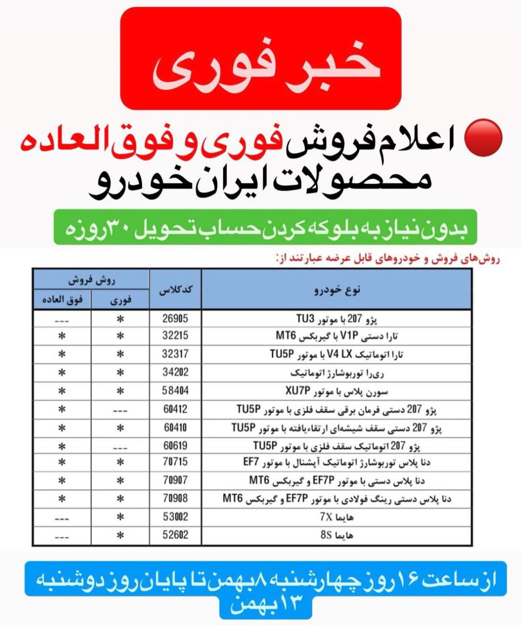  اعلام فروش فوری و فوق‌العاده محصولات ایران خودرو