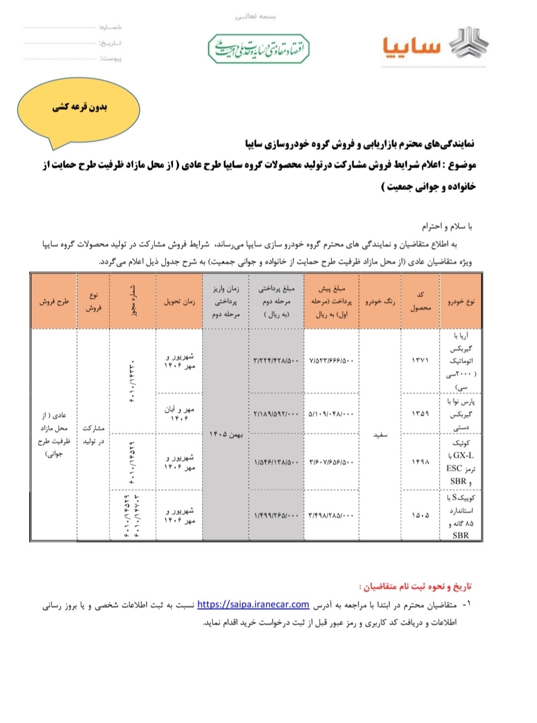 🛑 اعلام شرایط  فروش مشارکت در تولید محصولات سایپا