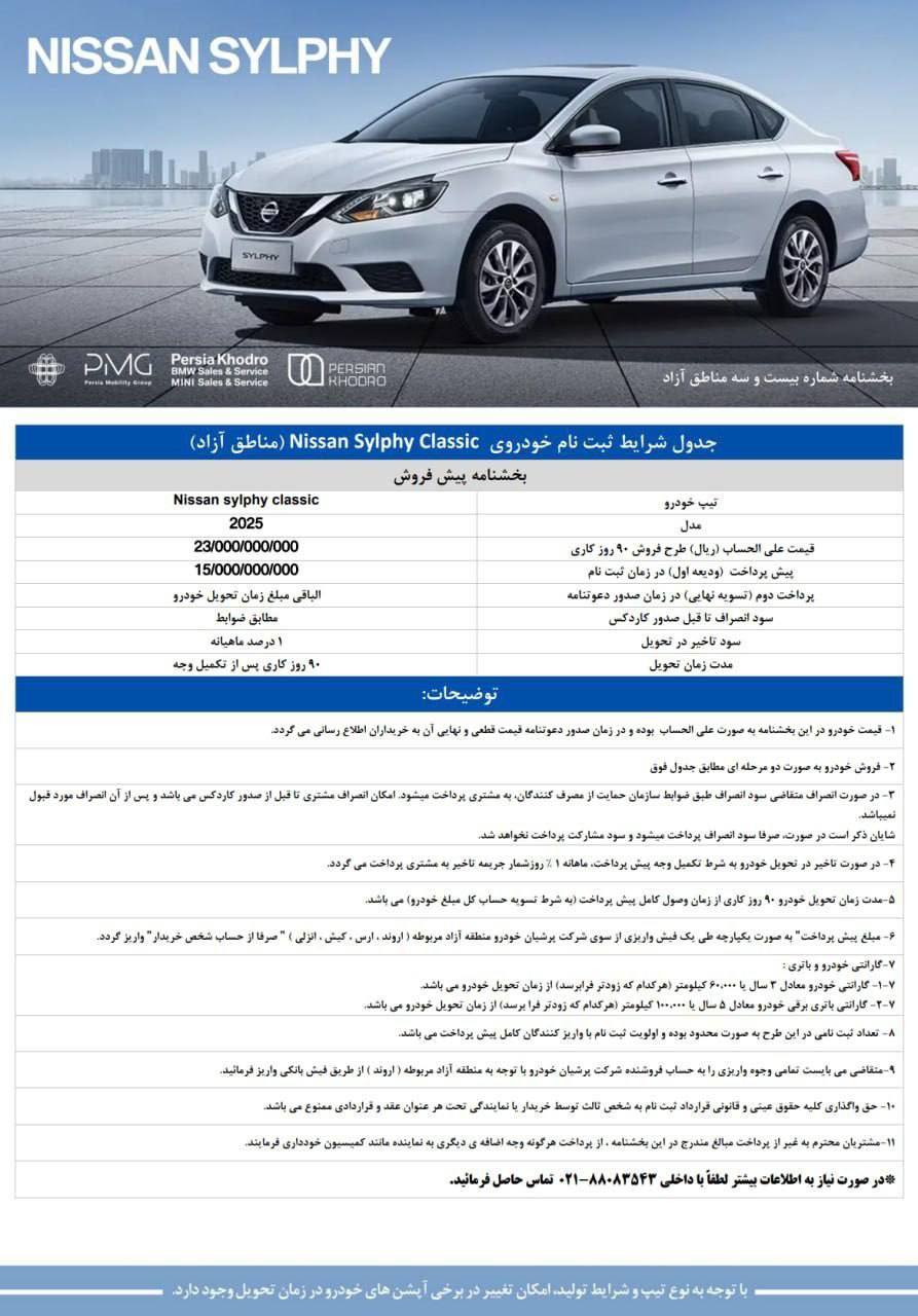 شرایط پیش‌فروش نیسان سیلفی کلاسیک ویژه مناطق آزاد 