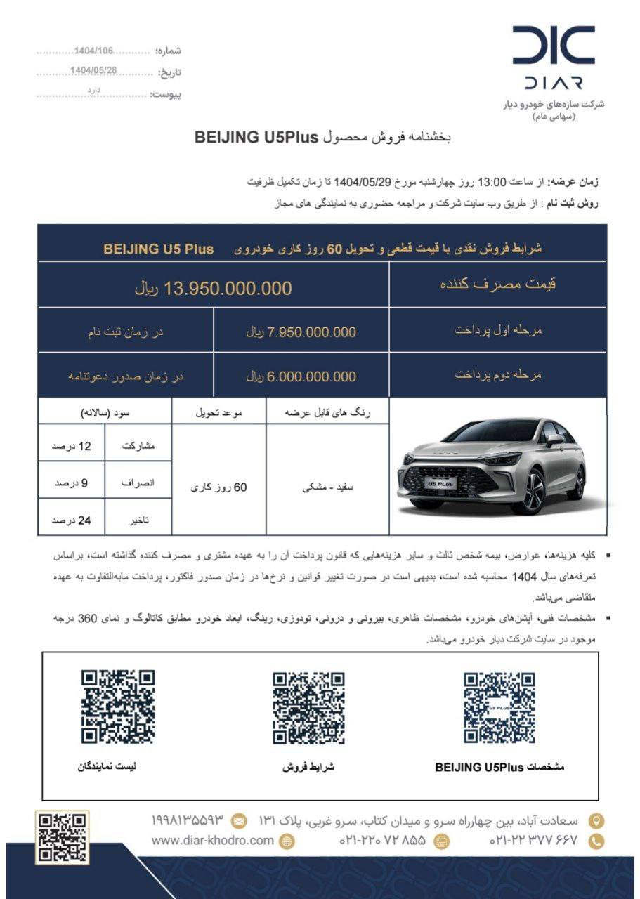 اعلام شرایط فروش فوری نقدی دو مرحله ای سابرینا U5 PLUS