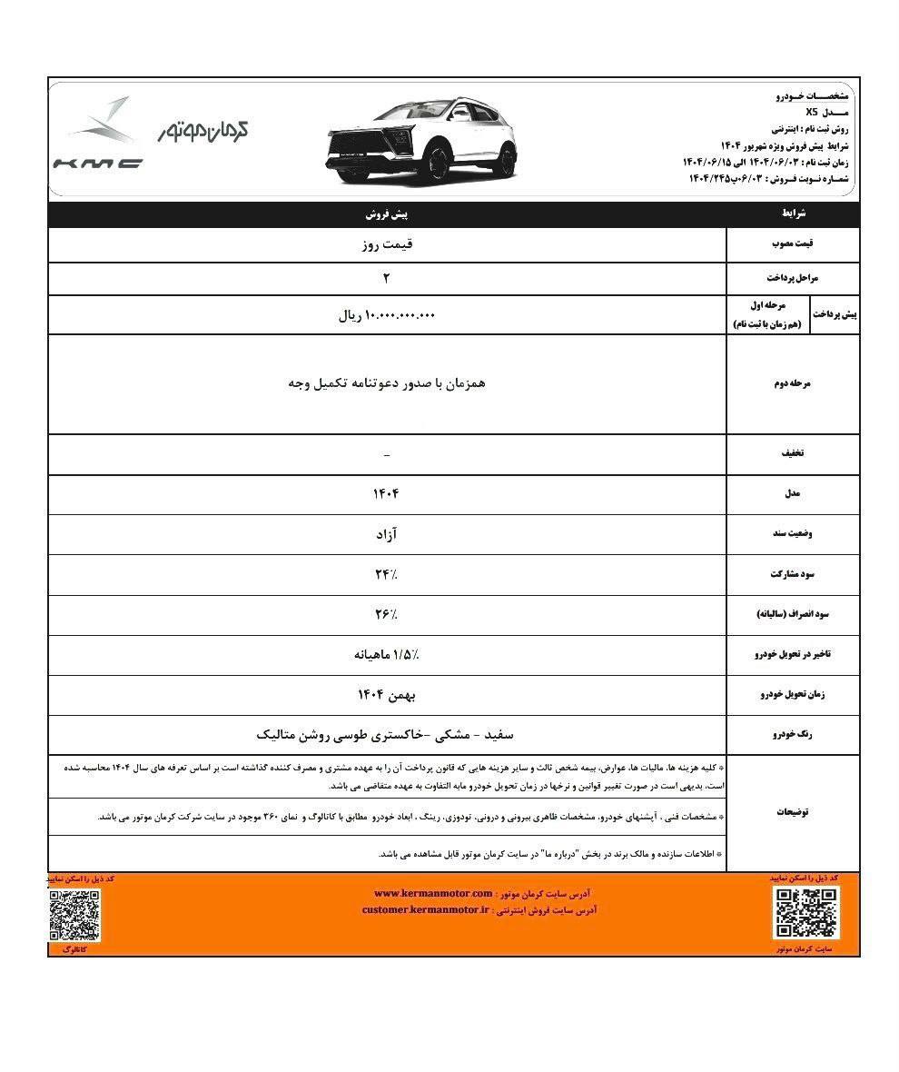 شرایط پیش فروش KMC X5 کرمان موتور