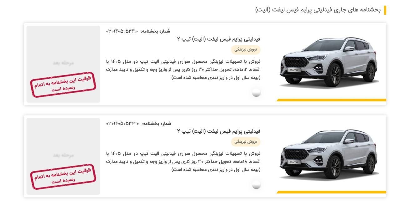 🔴ظرفیت فروش لیزینگی خودرو فیدلیتی بهمن موتور به پایان رسید