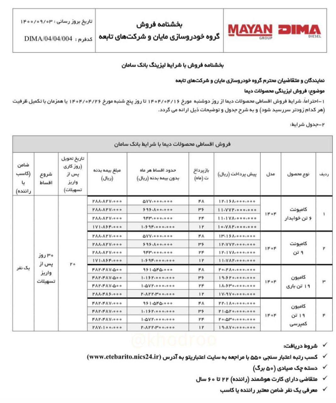 طرح فروش اقساطی لیزینگ بانک سامان محصولات دیما (کامیونت و کامیون)