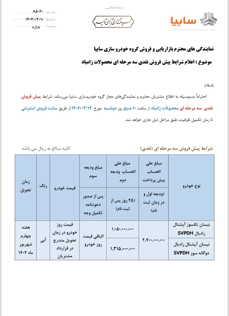 فروش نقدی سه مرحله ای محصولات زامیاد ( امروز 10 خرداد 1404)