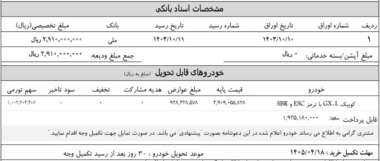 🔴دعوتنامه تکمیل وجه جایگزین شاهین G تحویل دی ماه 1404 اعلام گردید