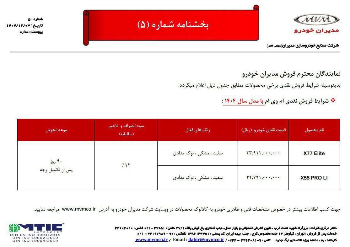 فروش مدیران‌خودرو ویژه اسفند ماه 1404 با قیمت نهایی و موعد تحویل 90 روزه اعلام شد