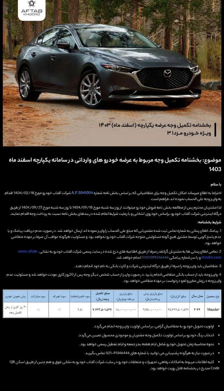 قیمت جدید نهایی مزدا ۳ مدل ۲۰۲۴