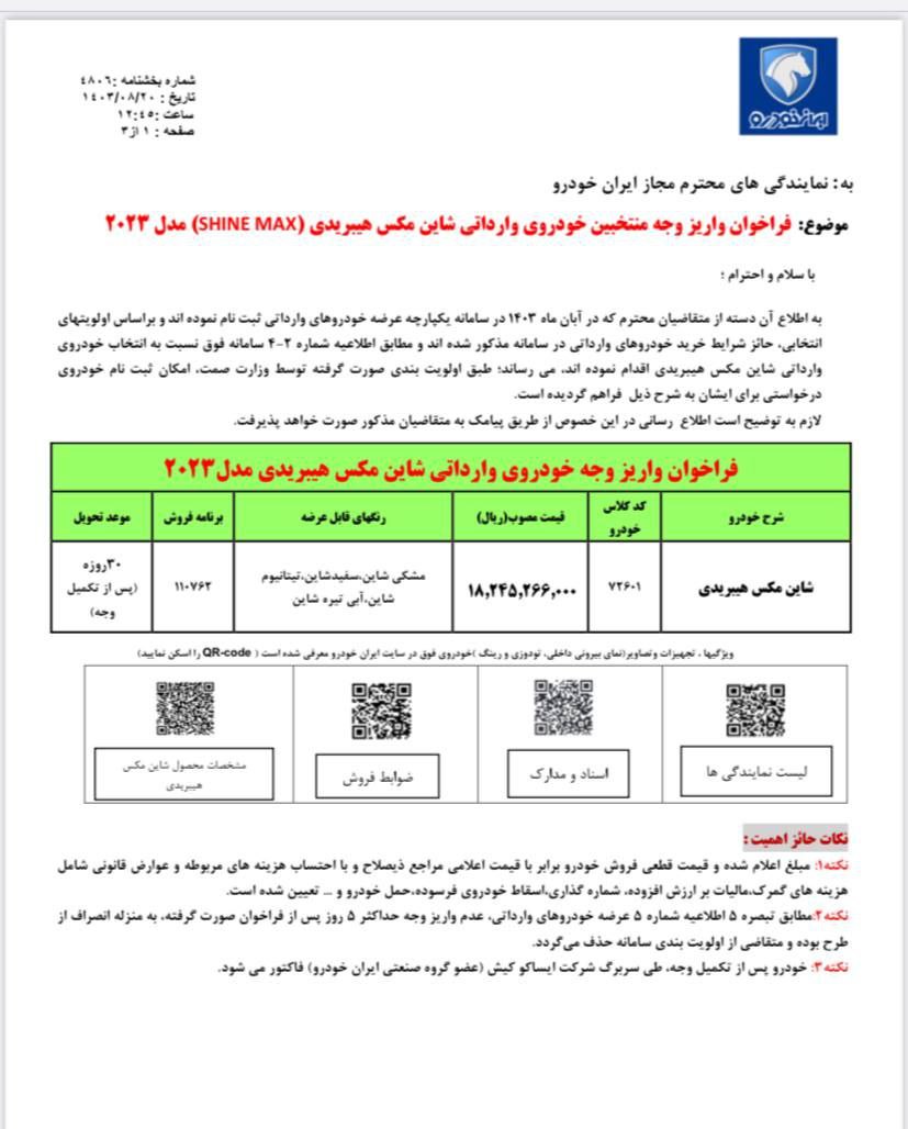 فراخوان واریز وجه منتخبین خودرو وارداتی  هیبریدی  ایران خودرو 