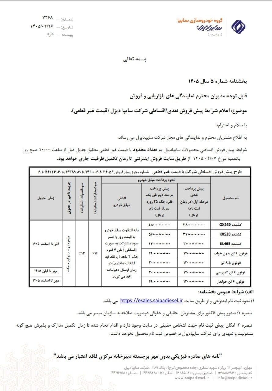  شرایط فروش نقدی و نقدی اقساطی محصولات سایپا دیزل قیمت قطعی و غیرقطعی