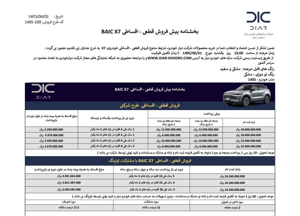 🔴شرایط فروش اقساطی بایک X7 دیار خودرو اعلام شد