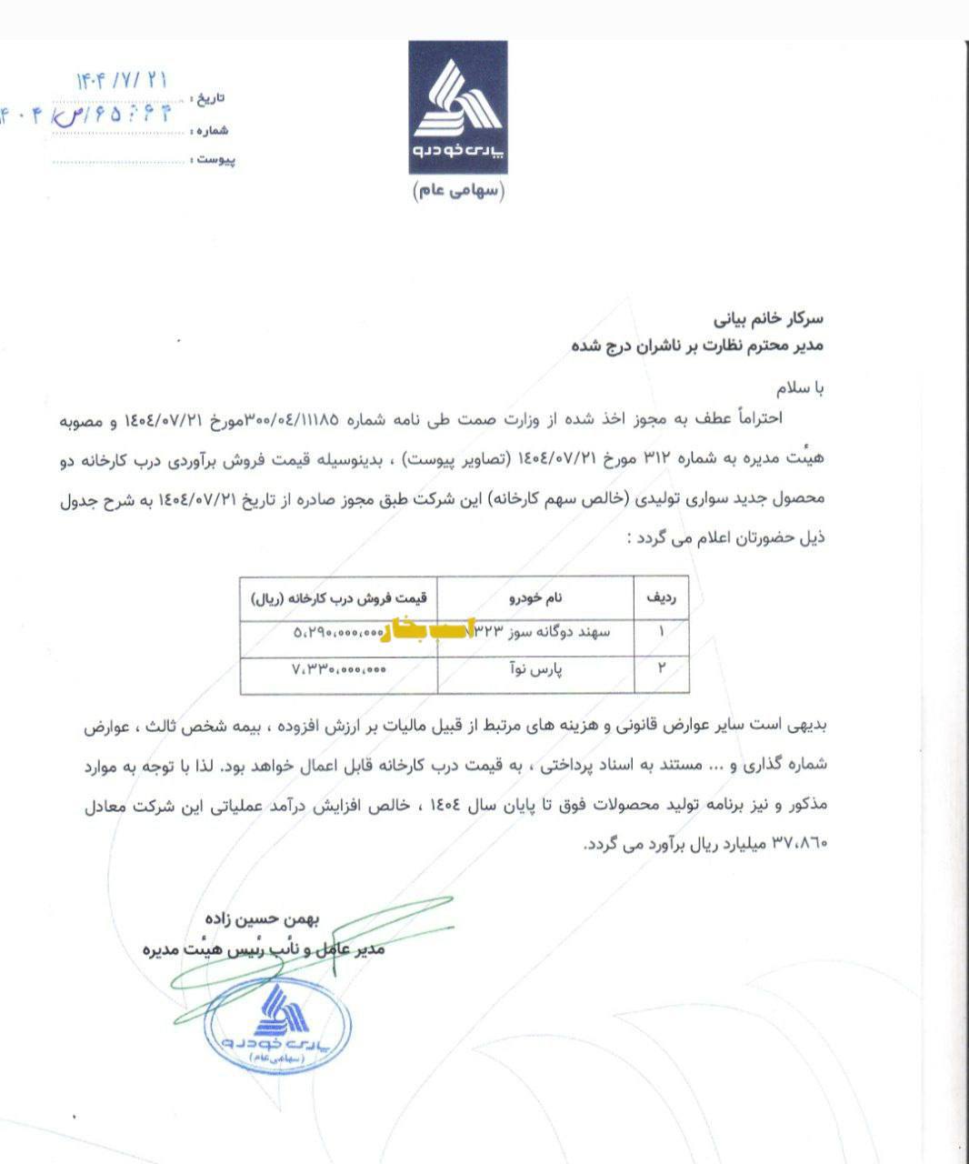 قیمت ۲ محصول پارس خودرو( نوآ، سهند ) اعلام شد