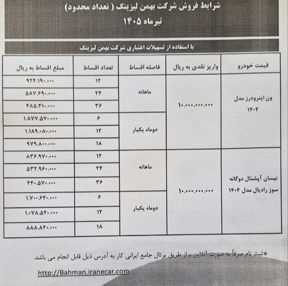 🛑اطلاعیه شرایط فروش شرکت بهمن لیزینگ در تعداد محدود ون اینرودز و نیسان آپشنال دوگانه سوز 