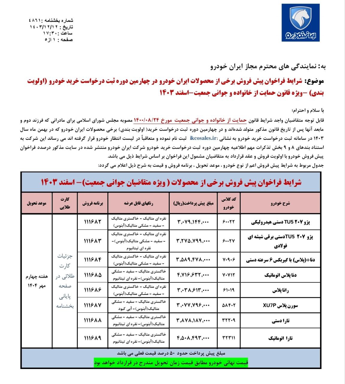 ✅ بخشنامه پیش فروش محصولات ایران خودرو / واریز تا 21 اسفند