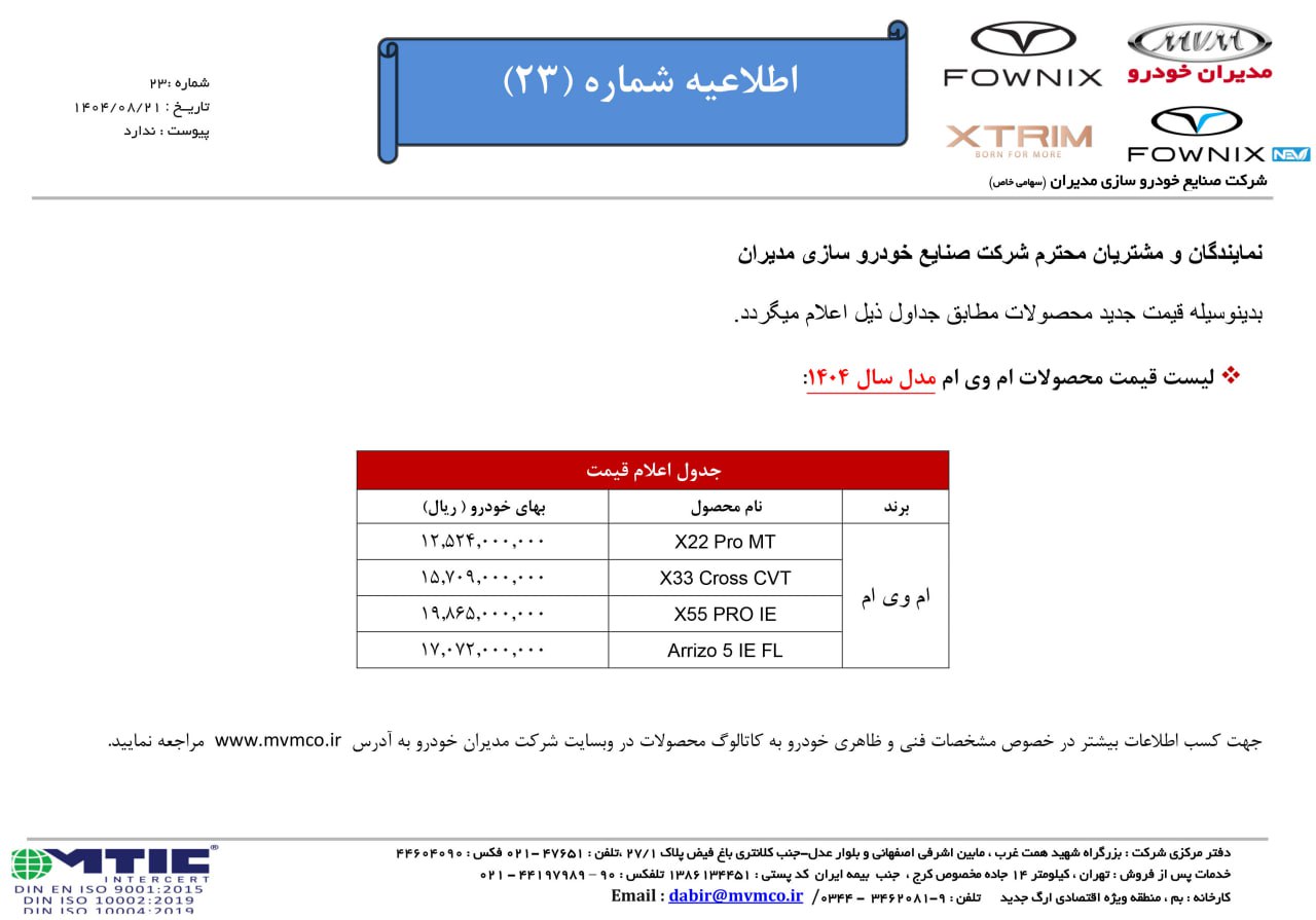 قیمت جدید محصولات مدیران خودرو اعلام شد