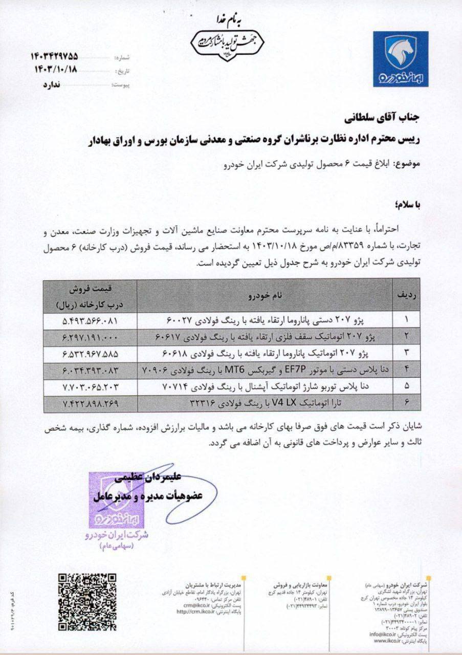 🔻 افزایش قیمت جدید ۶ محصول ایران خودرو اعلام شد