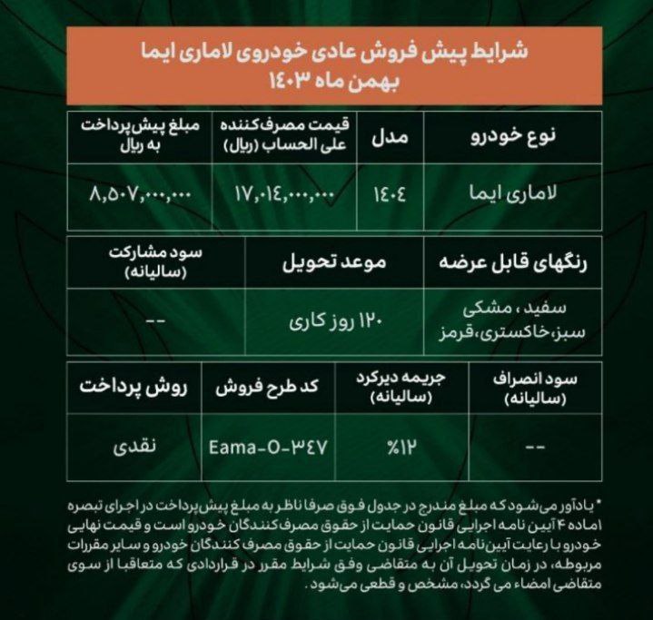 شرایط جدید ثبت نام پیش فروش شرکت آرین پارس موتور (لاماری) با تحویل ۱۲۰ روز