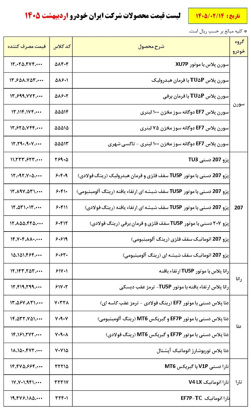 لیست جدید قیمت خودروهای  ایران خودرو ویژه اردیبهشت ماه 1405 منتشر شد