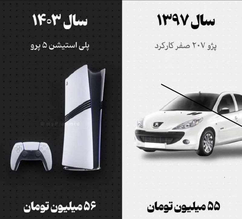 مقایسه قیمت  پلی استیشن 5 پرو با پژو 207 در یک تصویر 