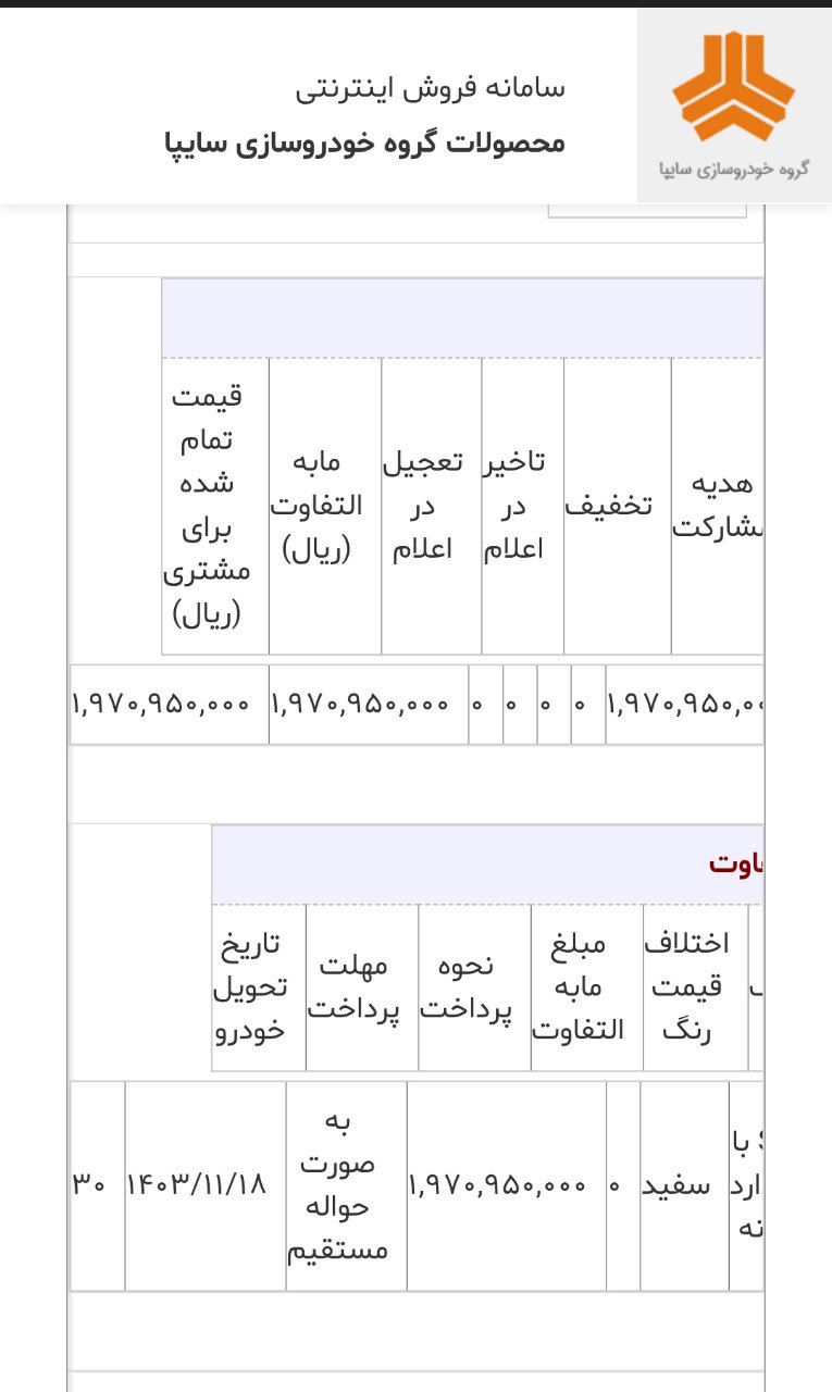 🔴دعوتنامه ساینا اس با استاندارد۸۵گانه موعد تحویل بهمن ماه 1403