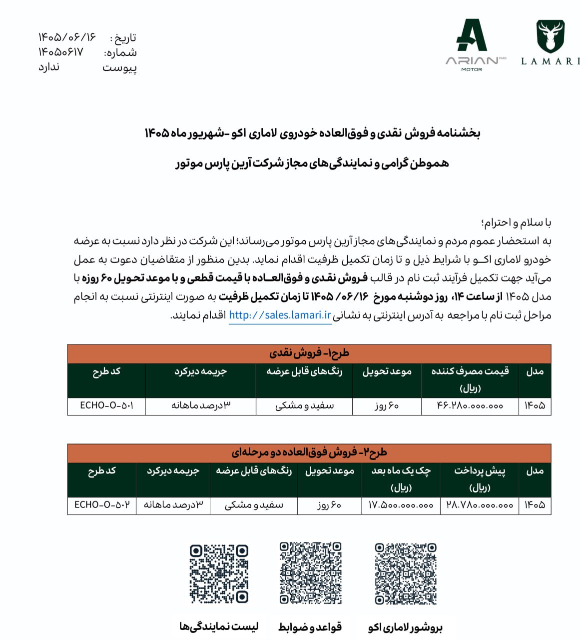 قیمت لاماری اکو تغییر کرد؛ ادامه فروش با شرایط جدید