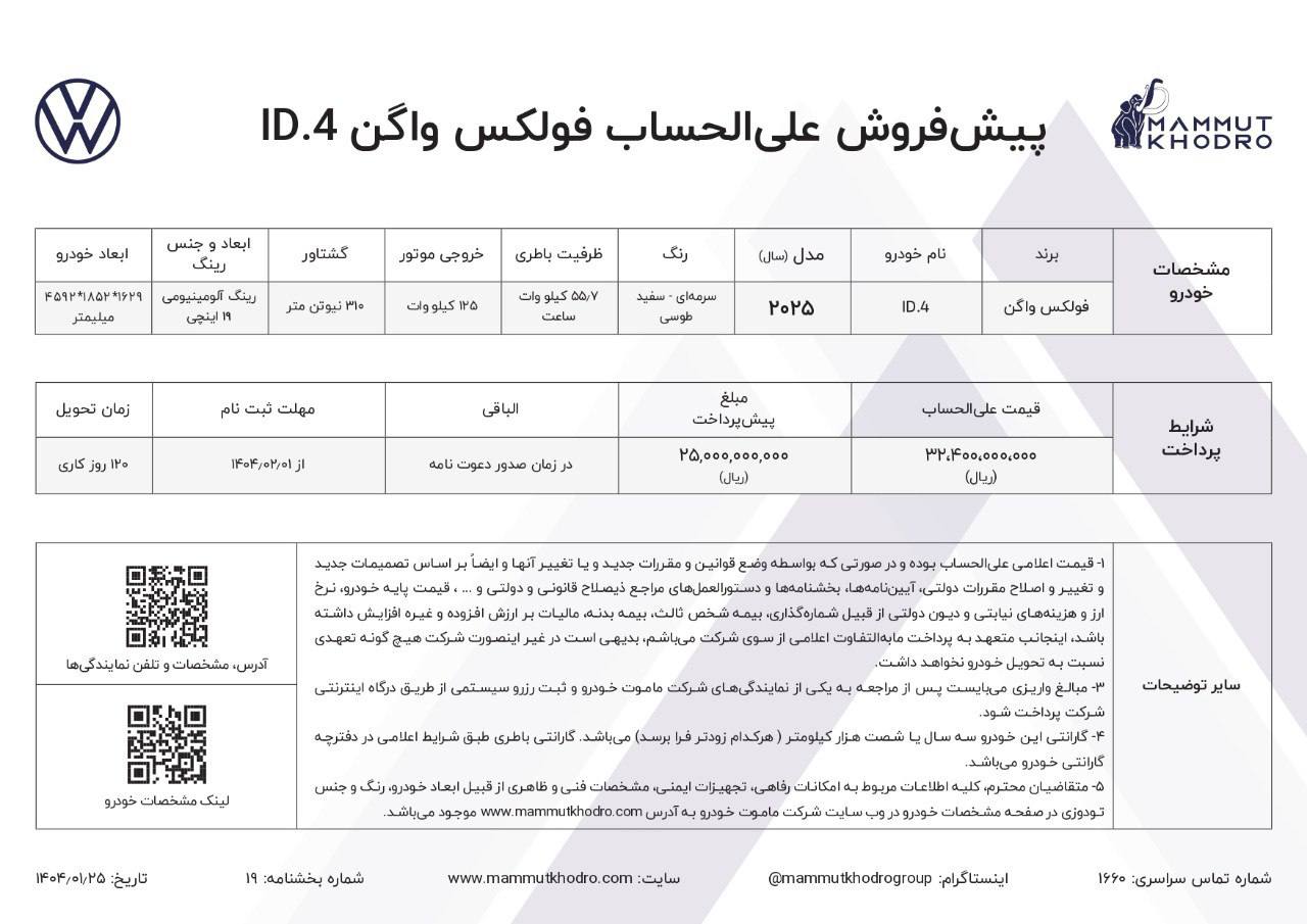 بخشنامه پیش فروش علی الحساب فولکس واگن ID.4 با افزایش قیمت