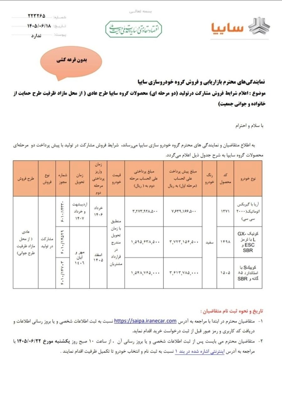 🛑 اعلام شرایط  فروش مشارکت در تولید محصولات سایپا