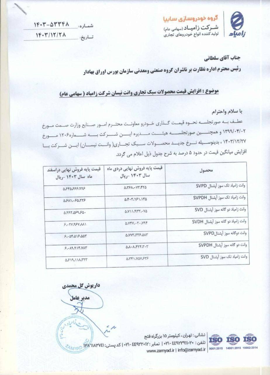  افزایش قیمت  انواع محصولات خودرو  زامیاد + جدول